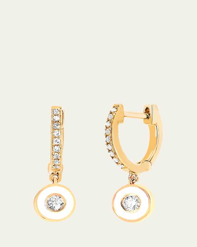 14k Diamond Huggie & Enamel Drop Earrings, White